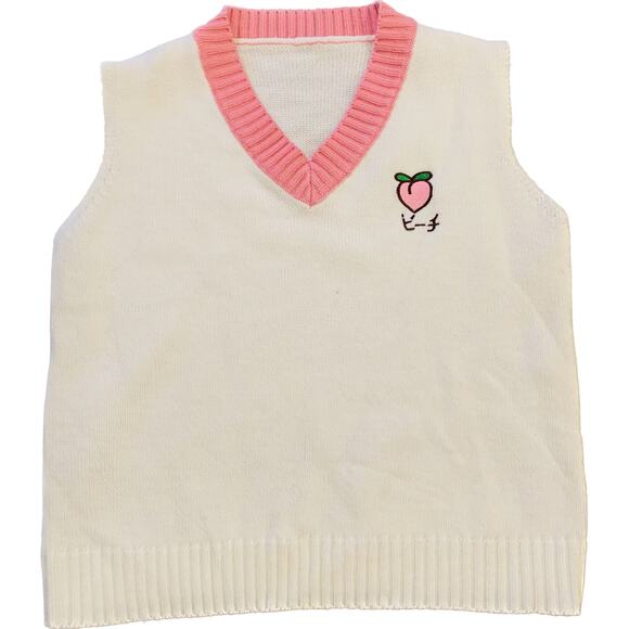 Vintage Womens Sweater Vest Medium Pink White Knit Peach V Neck Kawaii Japan - Picture 1 of 9